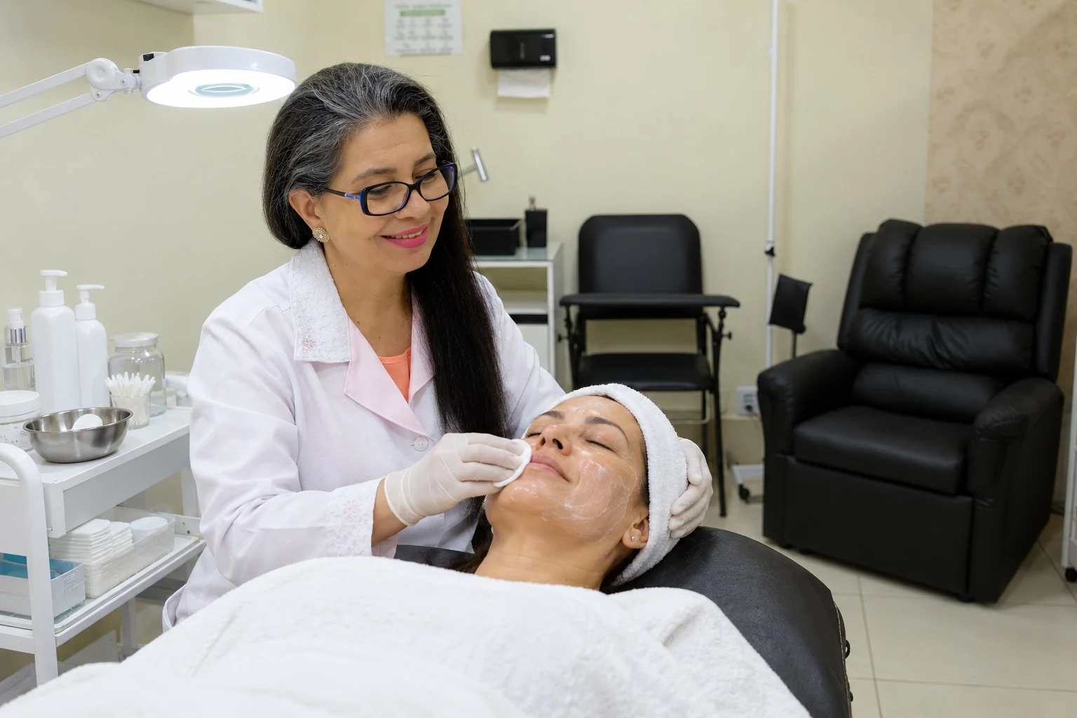 Profissional realizando cuidado estético facial